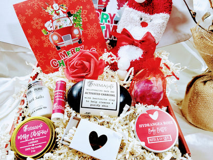 Personalized Christmas gift box for women with spa and self-care items, featuring a festive holiday gift basket from NIMA Gifts.