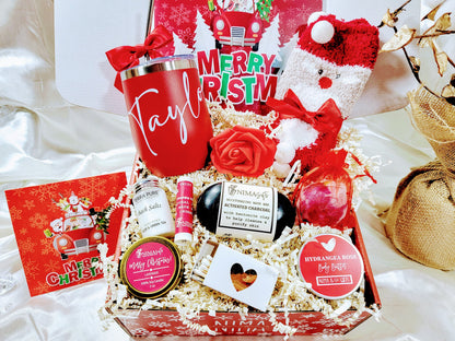 Personalized Christmas gift box for women with spa and self-care items, holiday-themed gift basket from NIMA Gifts