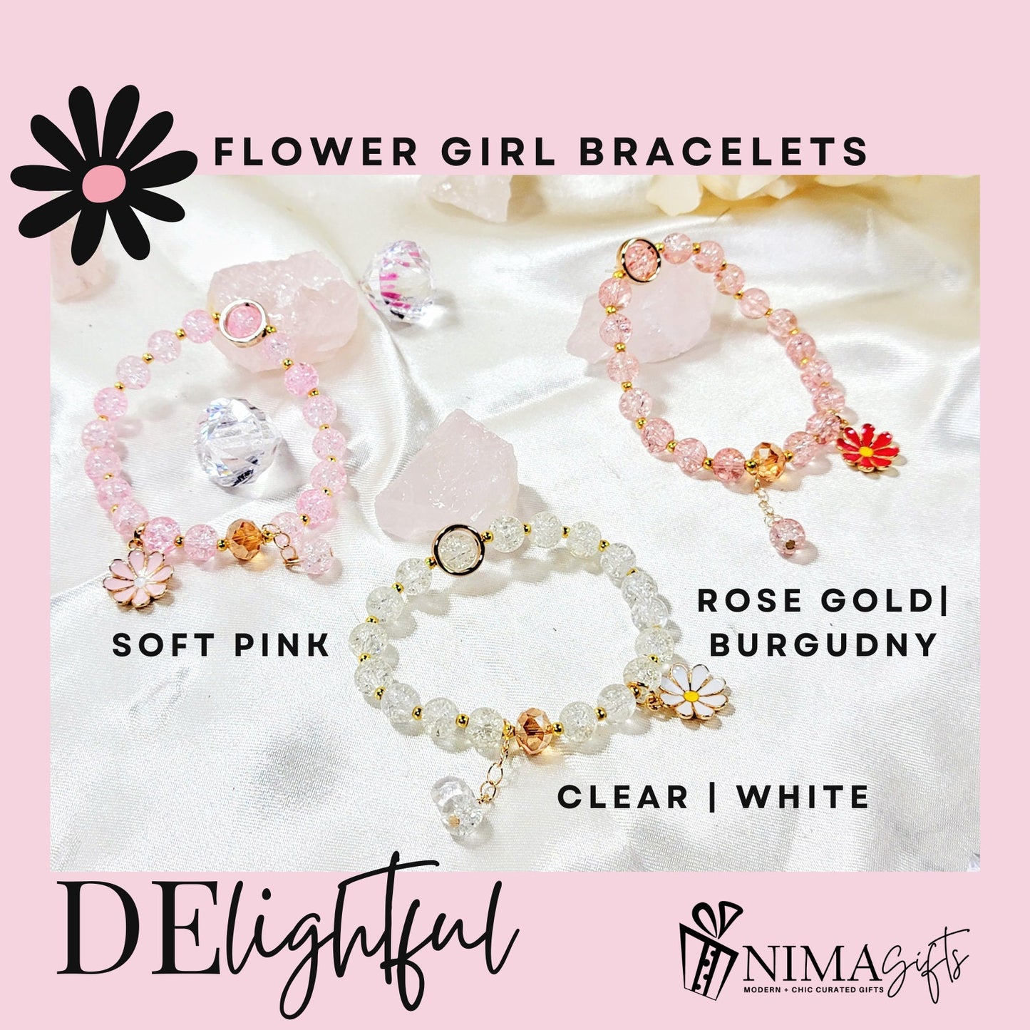 Personalized Flower Girl Bracelet – Crystal Beads, Initial Charm