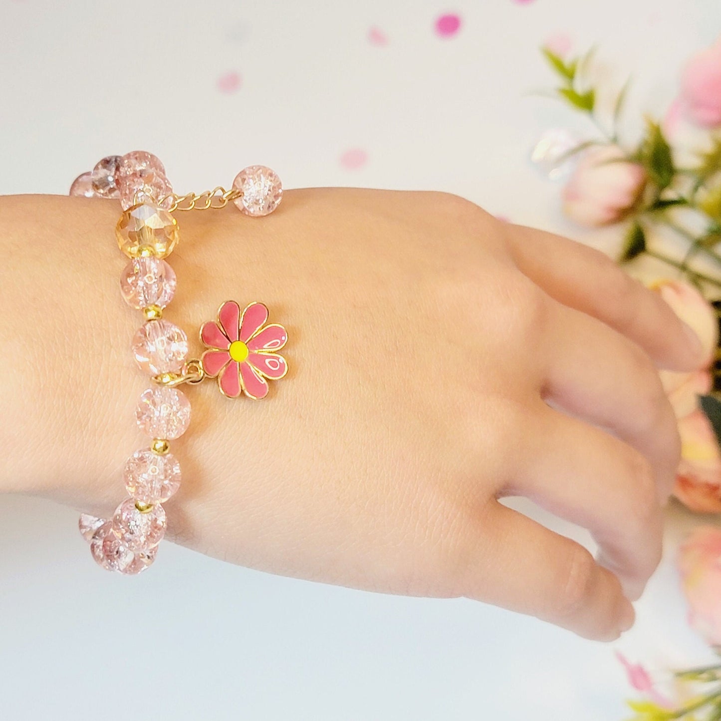 Personalized Flower Girl Bracelet – Crystal Beads, Initial Charm