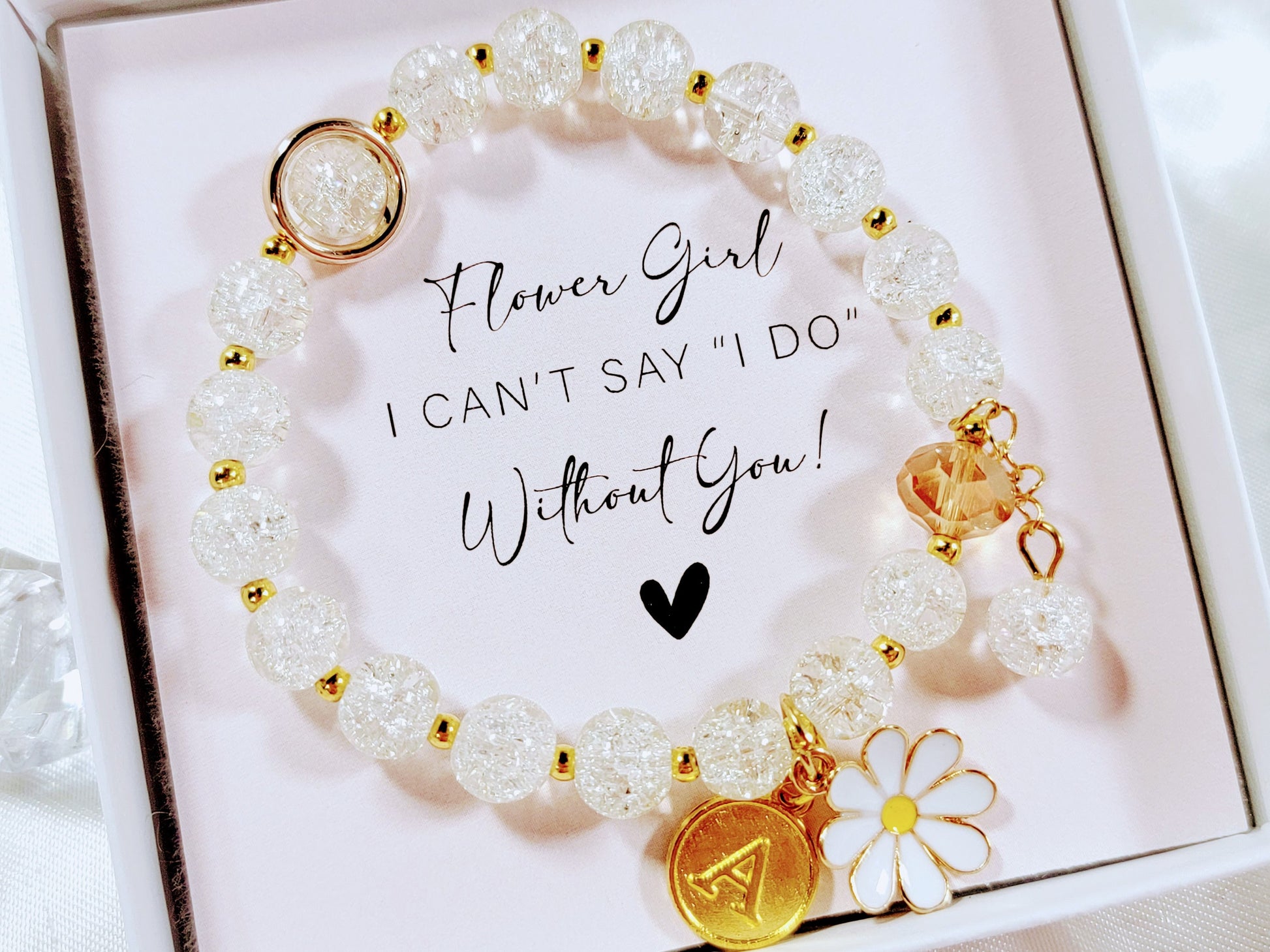 Personalized Flower Girl Bracelet – Crystal Beads, Initial Charm