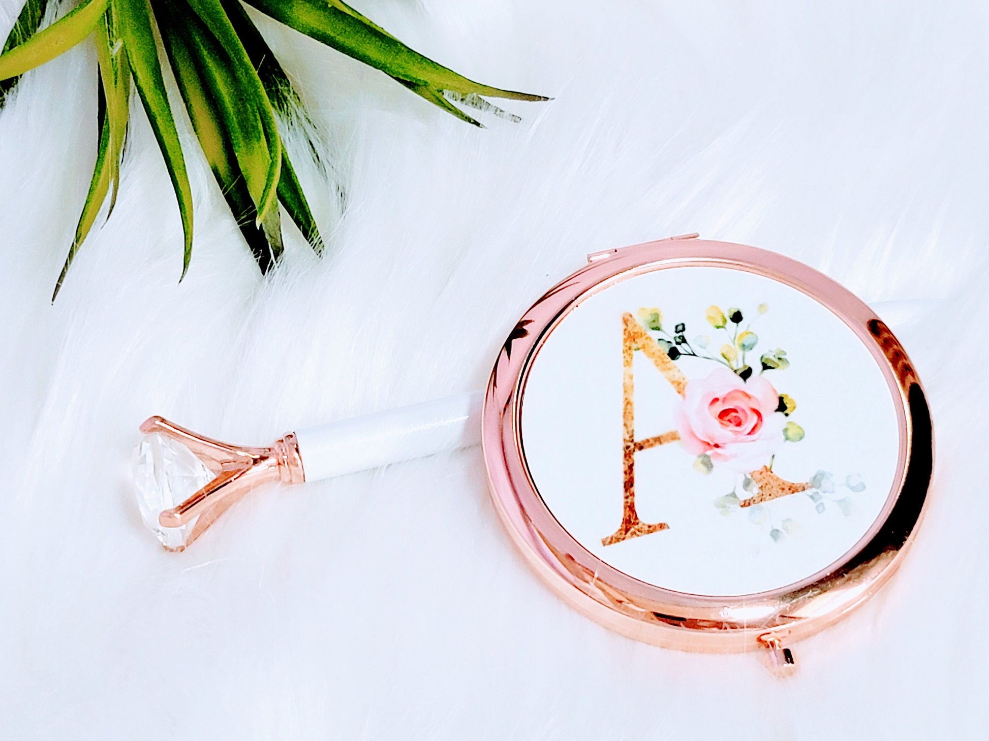 Personalized Rose Gold Compact Mirror, Floral Initial, Bridesmaid Gift