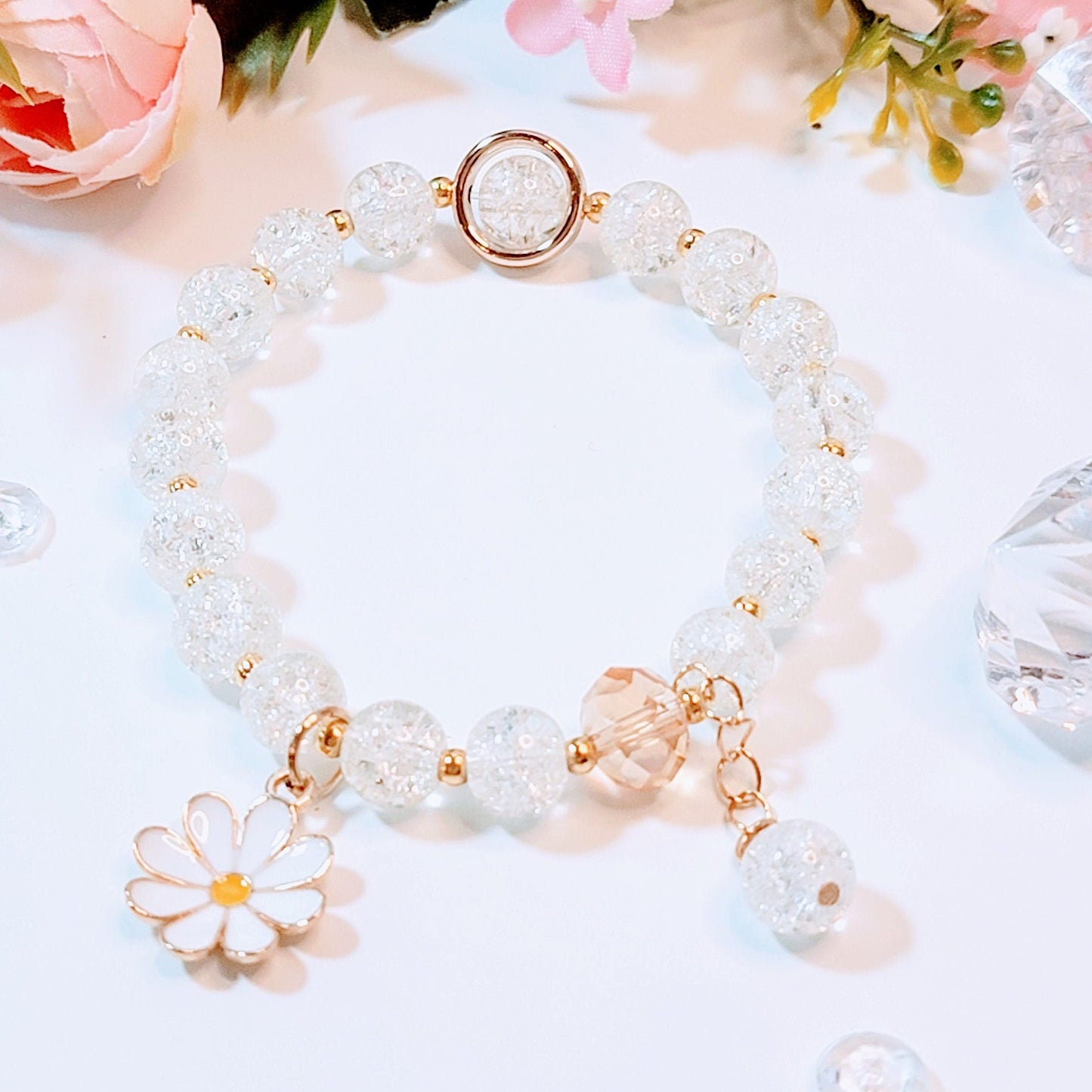 Personalized Flower Girl Bracelet – Crystal Beads, Initial Charm