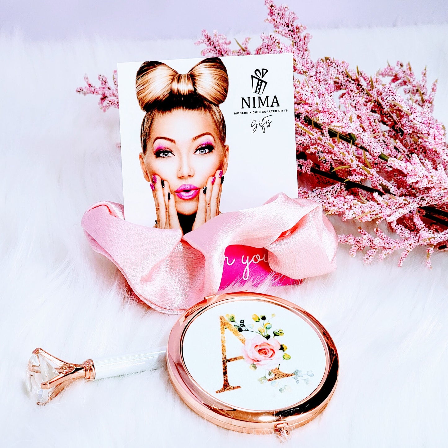 Personalized Rose Gold Compact Mirror, Floral Initial, Bridesmaid Gift