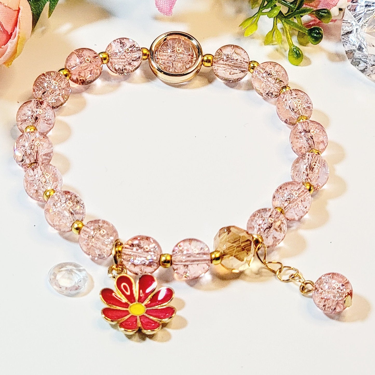 Personalized Flower Girl Bracelet – Crystal Beads, Initial Charm