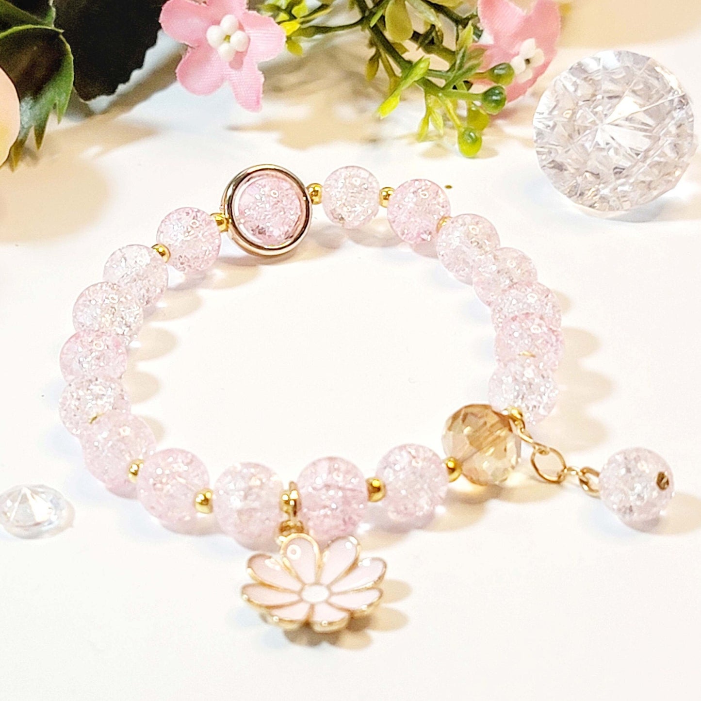 Personalized Flower Girl Bracelet – Crystal Beads, Initial Charm