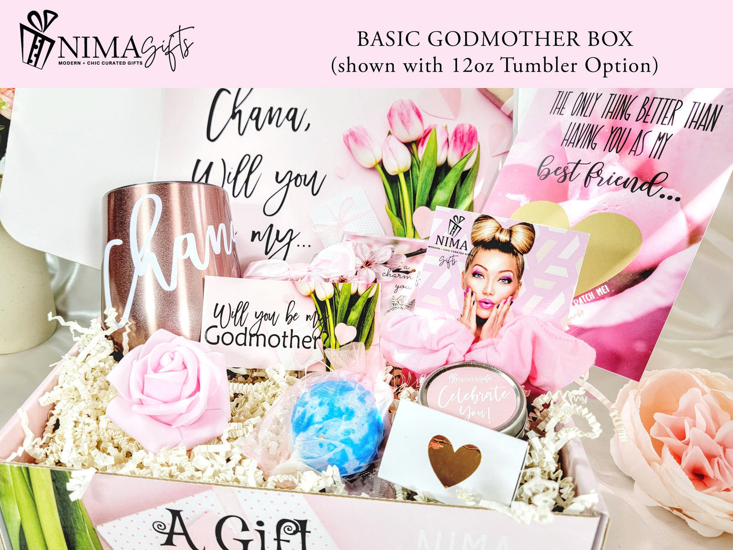Godmother Proposal Gift Box with Wine Tumbler and Custom Scratch Off Card, Will You be my Godmother Basket, God Parents Proposal Gift-GMPB01