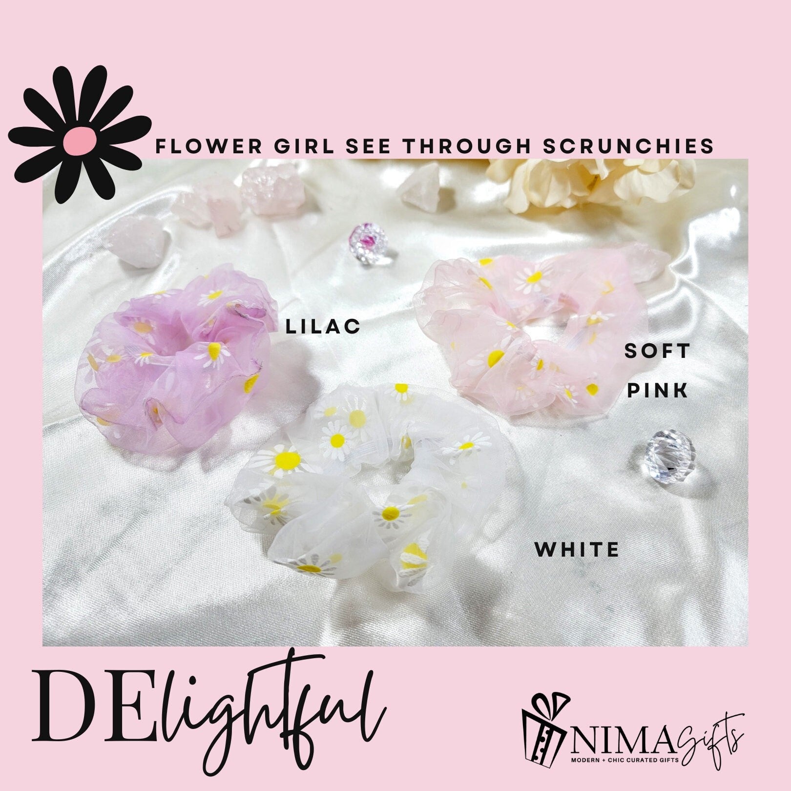 Floral Organza Scrunchie | Flower Girl Hair Tie Gift in Pink, Lilac or White - FGHSC01
