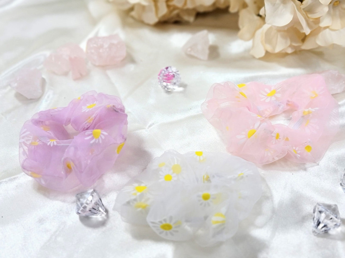 Floral Organza Scrunchie | Flower Girl Hair Tie Gift in Pink, Lilac or White - FGHSC01