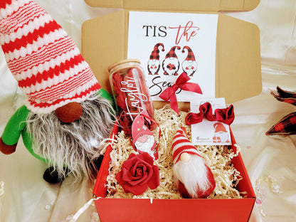 Personalized Christmas gift box for women from NIMA Gifts, includes gift set, basket, and iced coffee glass tumbler with festive decorations.