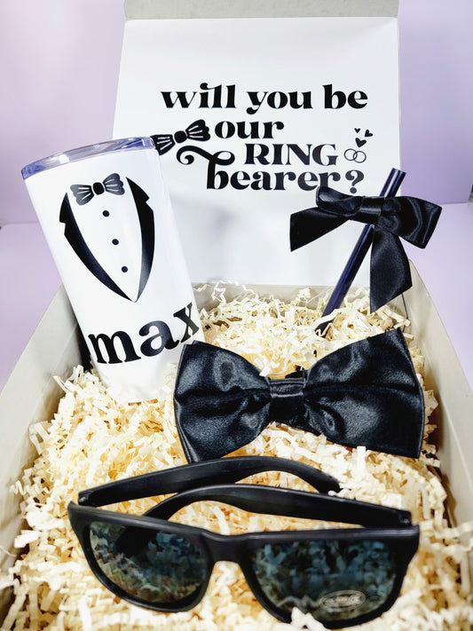 Personalized Ring Bearer Proposal Gift Box | Ring Security Theme with Tumbler, Sunglasses & Bow Tie | NIMA Gifts - RBGB01