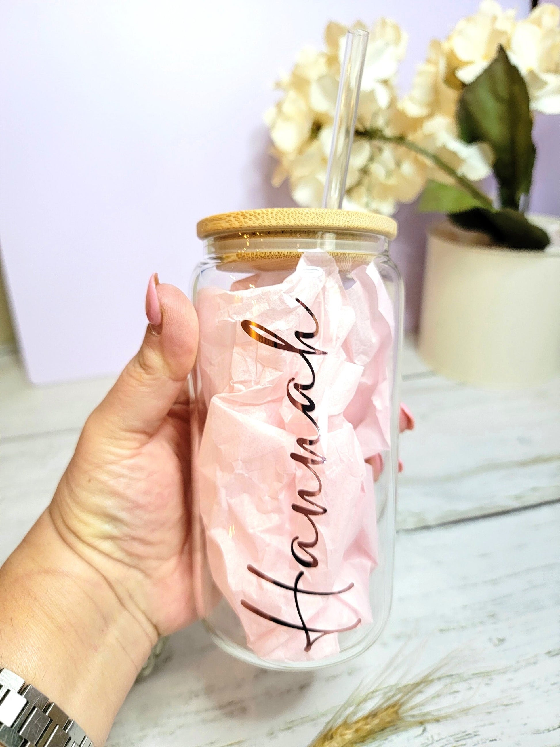 Personalized Iced Coffee Cup | Glass Can Soda Cup with Lid and Straw | Bridesmaid Gift | NIMA Gifts - BMPB033A