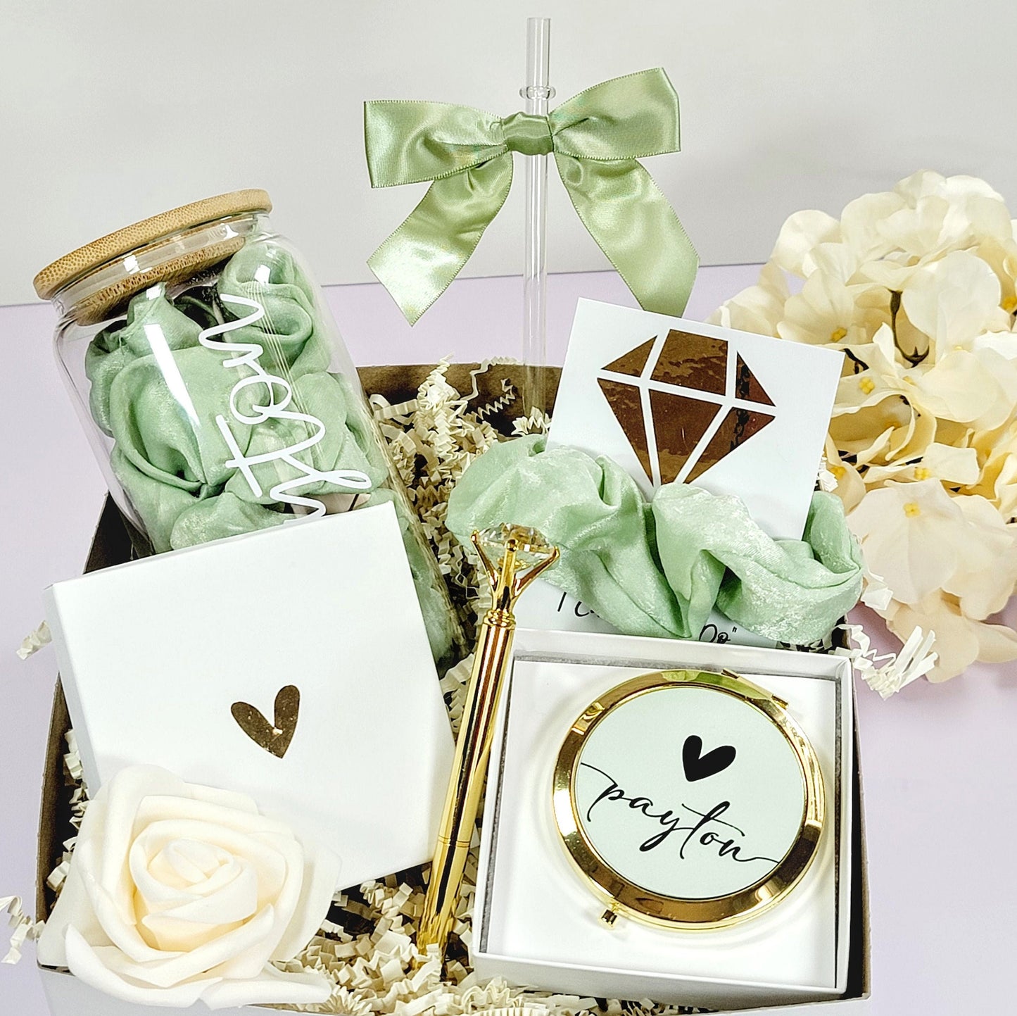 Sage Green Bridesmaid Proposal Box | Will You Be My Bridesmaid Gift Set with Glass Tumbler | NIMA Gifts - BMPB041D