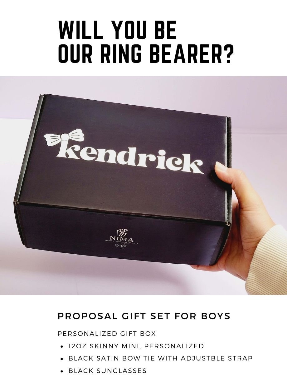 Personalized Ring Bearer Proposal Gift Box | Ring Security Theme with Tumbler, Sunglasses & Bow Tie | NIMA Gifts - RBGB01