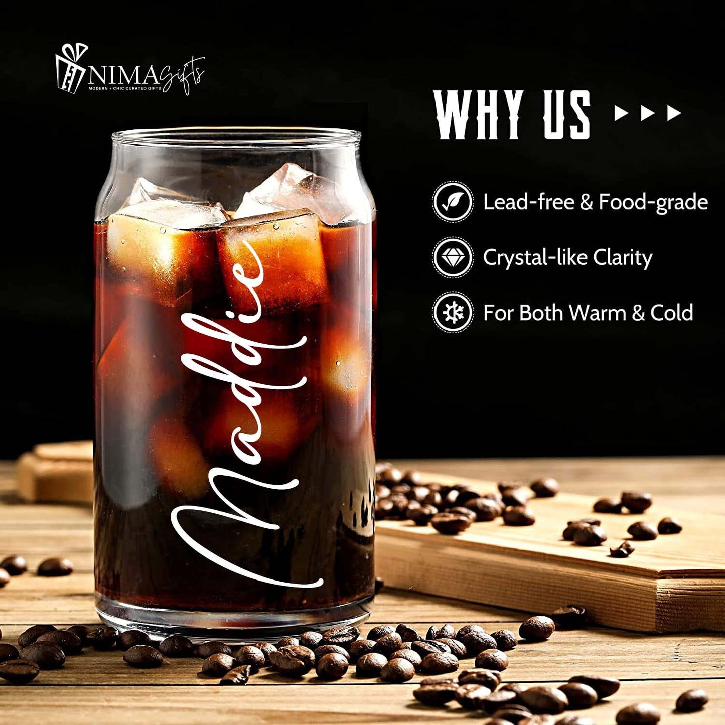 Personalized Iced Coffee Cup | Glass Can Soda Cup with Lid and Straw | Bridesmaid Gift | NIMA Gifts - BMPB033A
