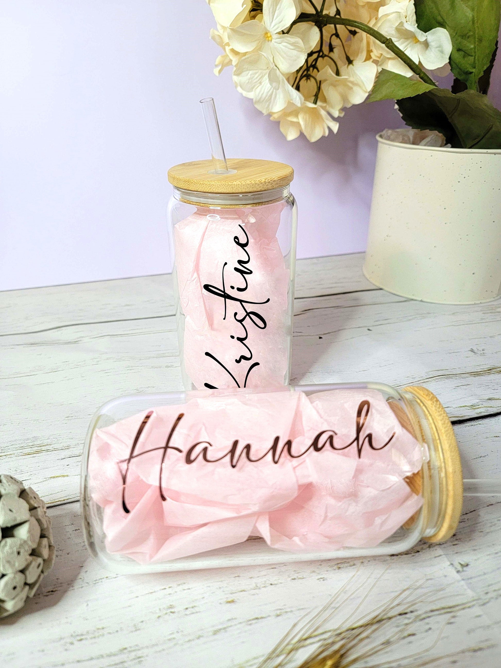 Personalized Iced Coffee Cup | Glass Can Soda Cup with Lid and Straw | Bridesmaid Gift | NIMA Gifts - BMPB033A