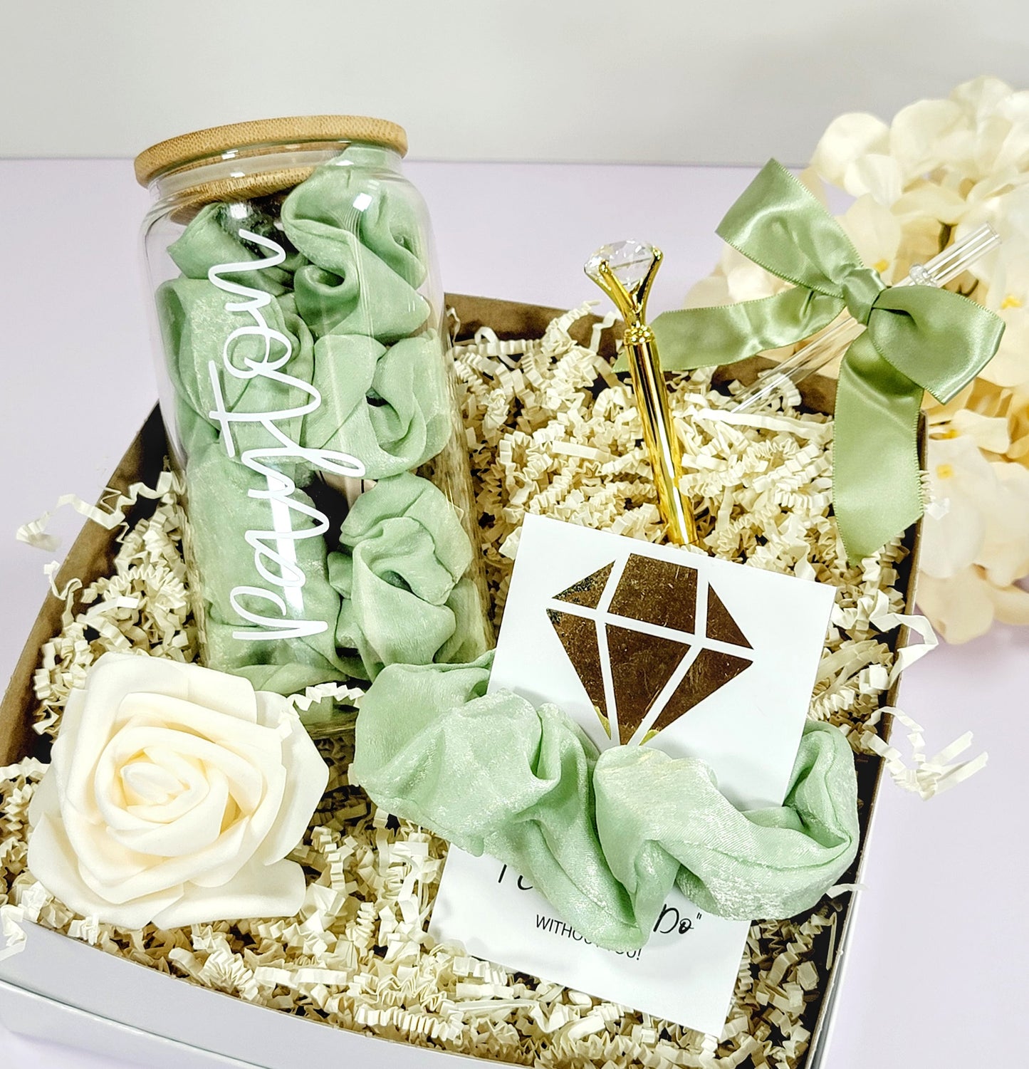 Sage Green Bridesmaid Proposal Box | Will You Be My Bridesmaid Gift Set with Glass Tumbler | NIMA Gifts - BMPB041D
