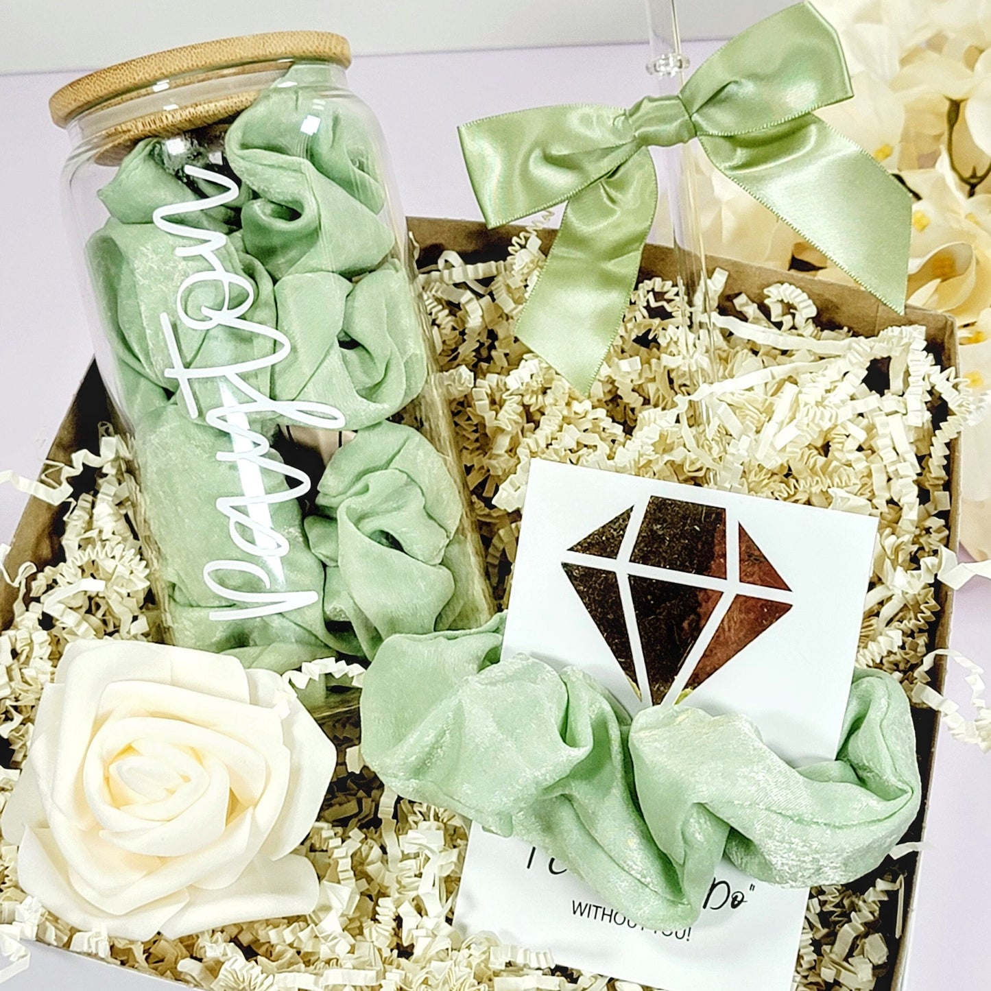 Sage Green Bridesmaid Proposal Box | Will You Be My Bridesmaid Gift Set with Glass Tumbler | NIMA Gifts - BMPB041D