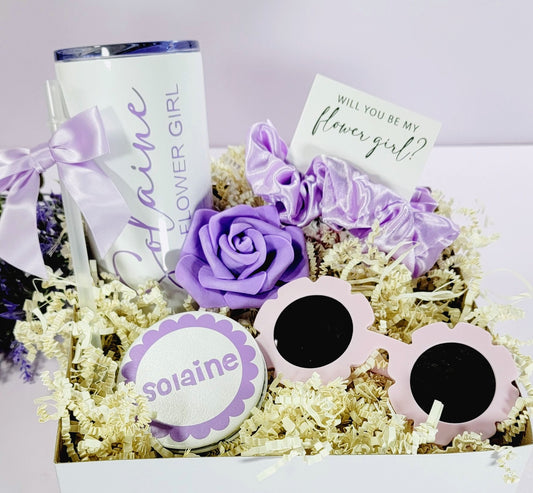 Flower Girl, proposal box, Gift set, Flower girl gift, Bridesmaid gift set, happy birthday gift, lilac wedding theme, custom gift set, personalized gift, Flower, Girl, sunglasses, Junior bridesmaid gift box, lilac, lavender purple theme proposal box
