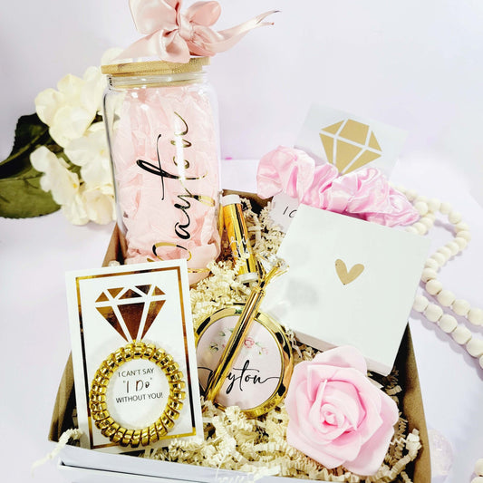 proposal box, bridesmaid proposal, will you be my, bridesmaid, bridesmaid gift box, maid of honor, matron of honor, bridesmaid tumbler, gold, bridesmaid box, pink blush, boho bridesmaid, iced coffee glass, glass tumbler with lid and straw, NIMAGifts