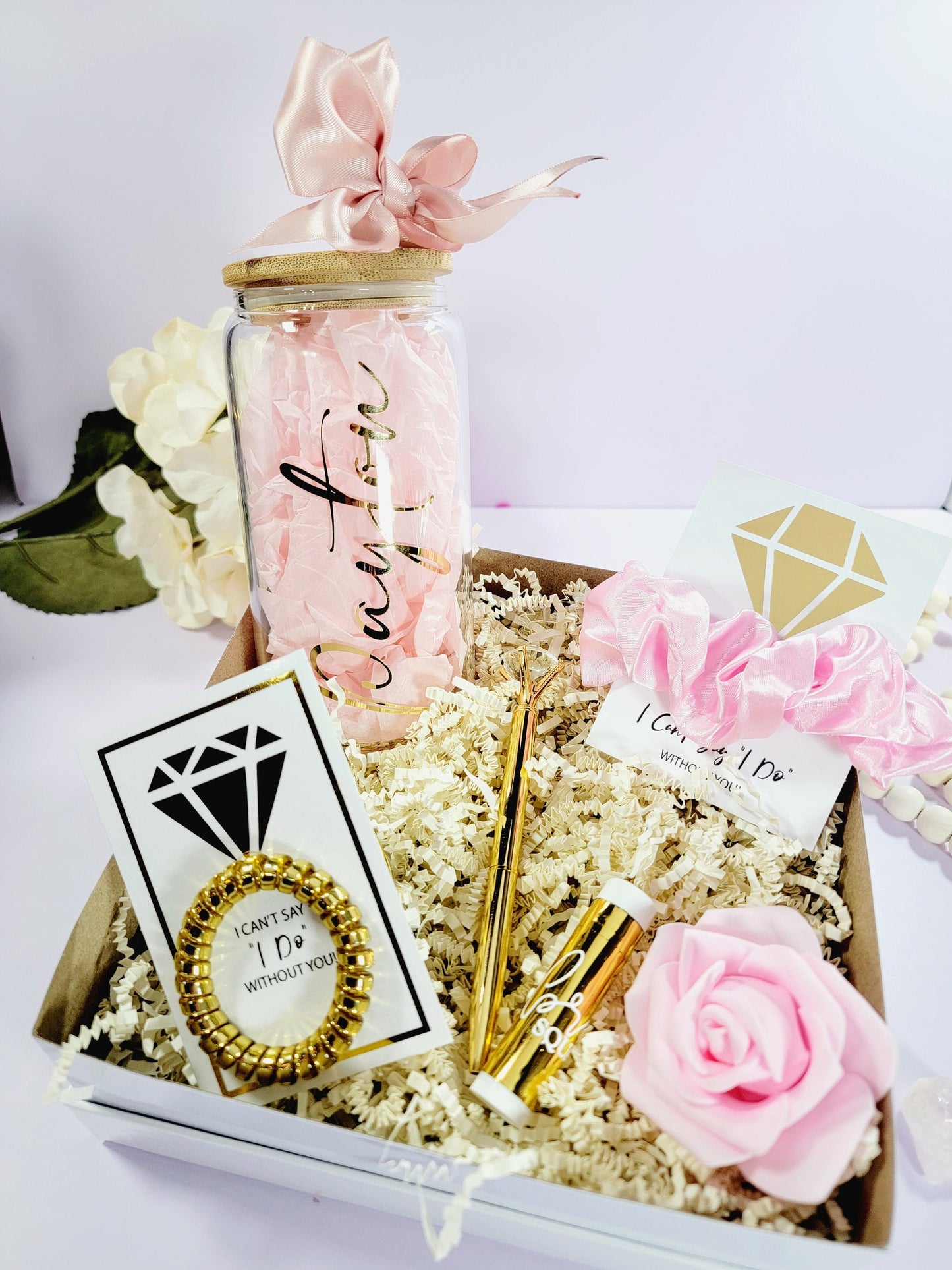 proposal box, bridesmaid proposal, will you be my, bridesmaid, bridesmaid gift box, maid of honor, matron of honor, bridesmaid tumbler, gold, bridesmaid box, pink blush, boho bridesmaid, iced coffee glass, glass tumbler with lid and straw, NIMAGifts