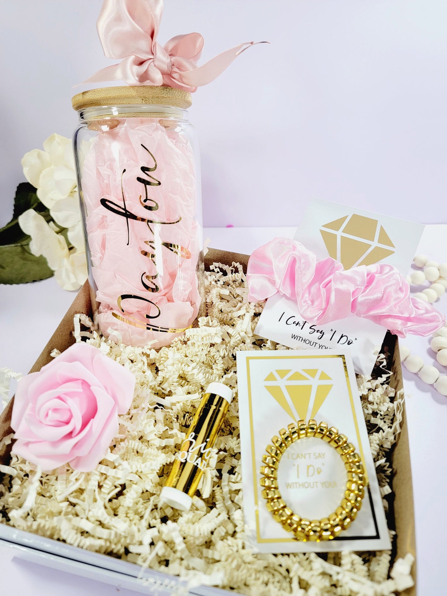 proposal box, bridesmaid proposal, will you be my, bridesmaid, bridesmaid gift box, maid of honor, matron of honor, bridesmaid tumbler, gold, bridesmaid box, pink blush, boho bridesmaid, iced coffee glass, glass tumbler with lid and straw, NIMAGifts
