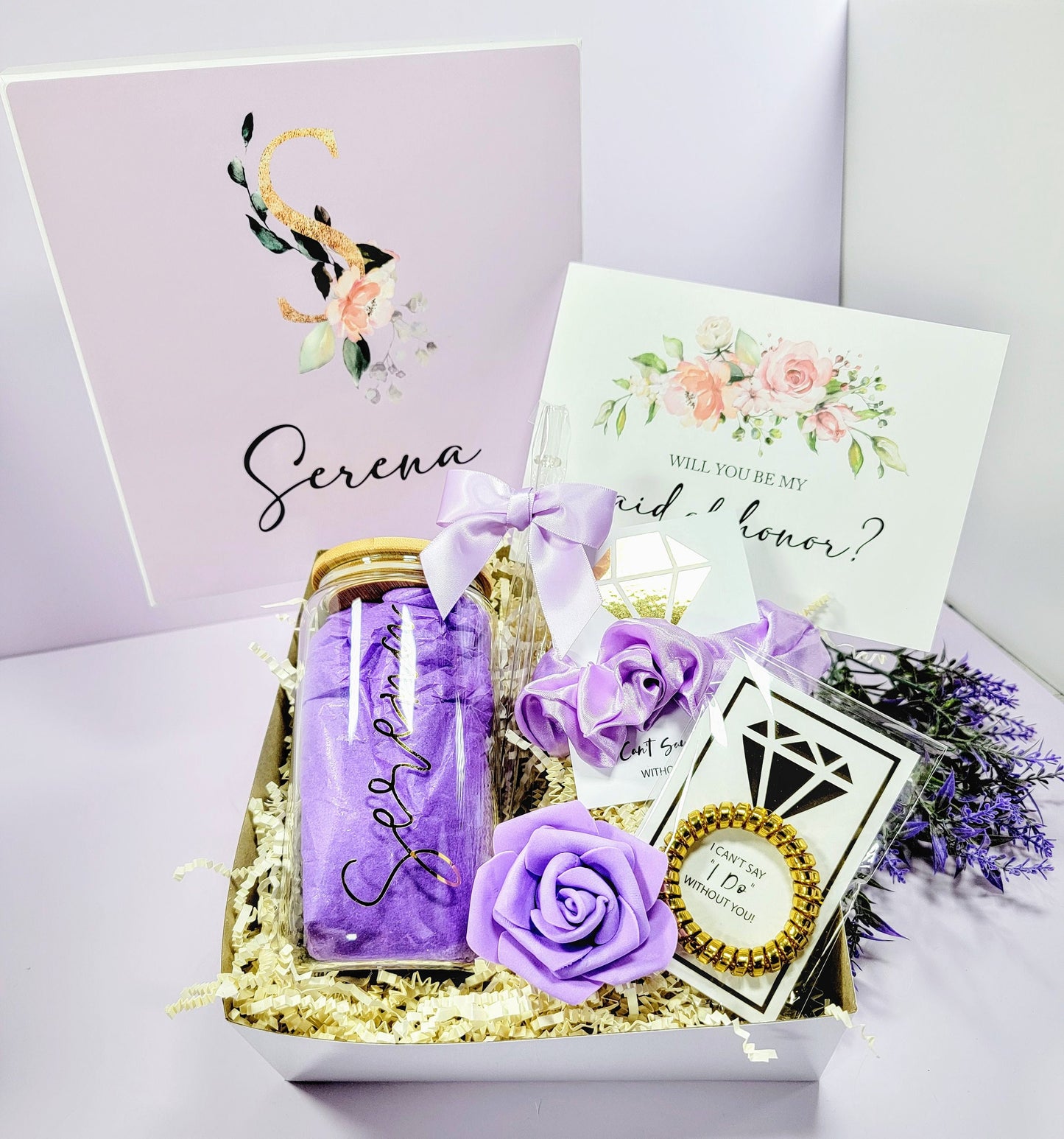 Lilac Bridesmaid Proposal Box | Will You Be My Bridesmaid Gift Set with Glass Tumbler | NIMA Gifts - BMPB041L