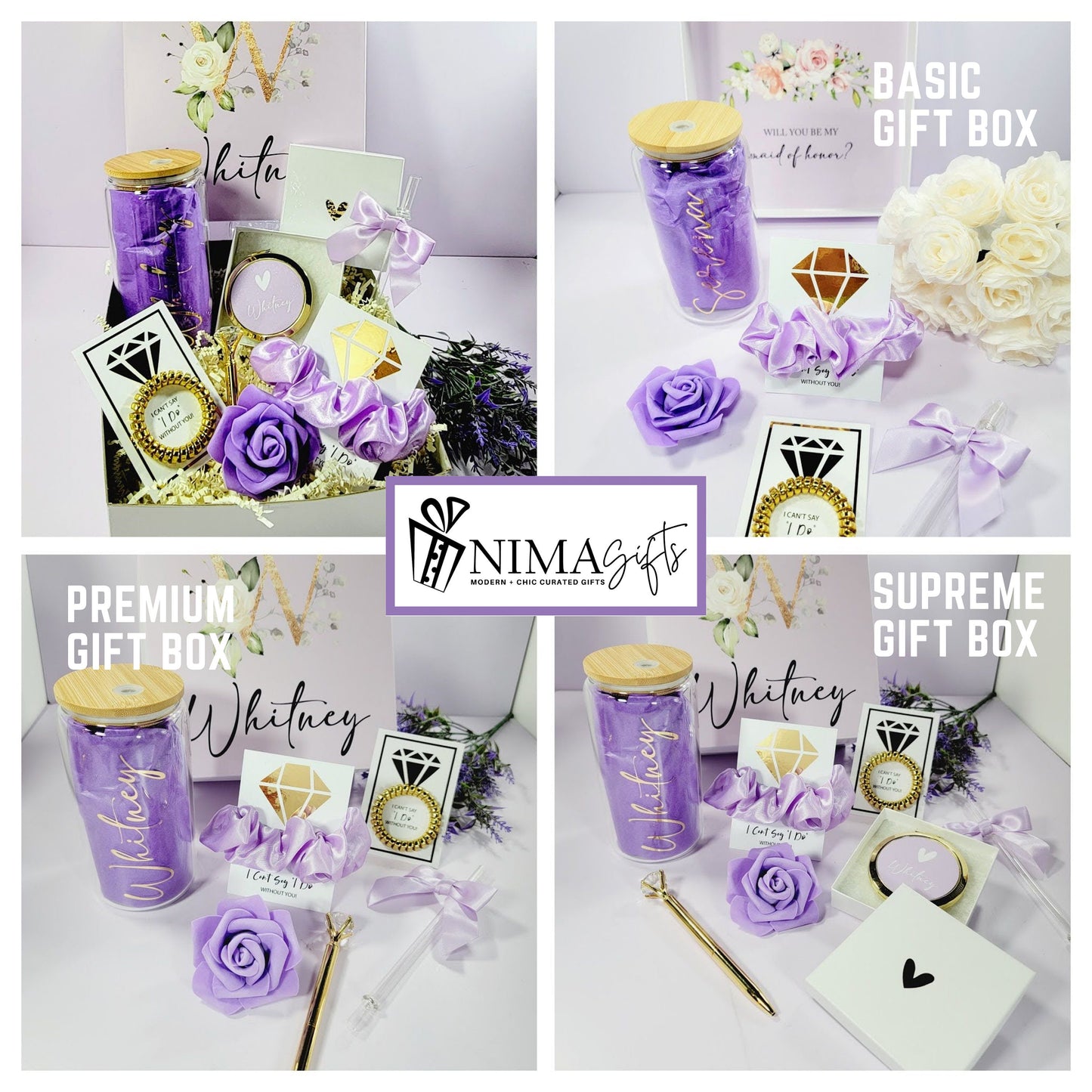 Lilac Bridesmaid Proposal Box | Will You Be My Bridesmaid Gift Set with Glass Tumbler | NIMA Gifts - BMPB041L