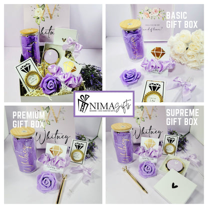 Lilac Bridesmaid Proposal Box | Will You Be My Bridesmaid Gift Set with Glass Tumbler | NIMA Gifts - BMPB041L