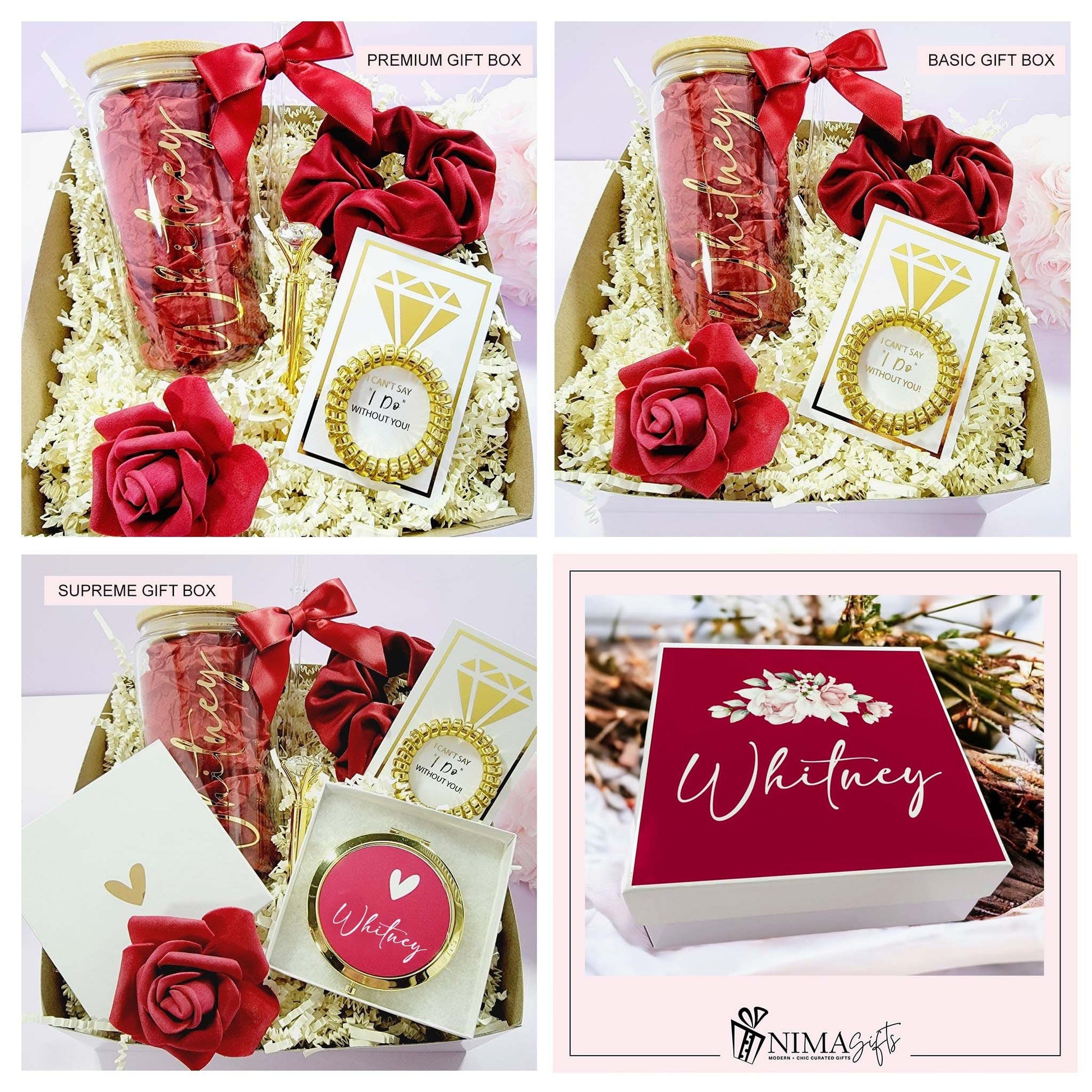 Burgundy Bridesmaid Proposal Box | Will You Be My Maid of Honor Gift Set with Glass Tumbler | NIMA Gifts - BMPB041BUR