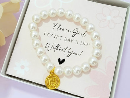 Personalized Flower Girl Pearl Bracelet | Monogram Faux Pearl Bracelet for Flower Girls - FGBR002