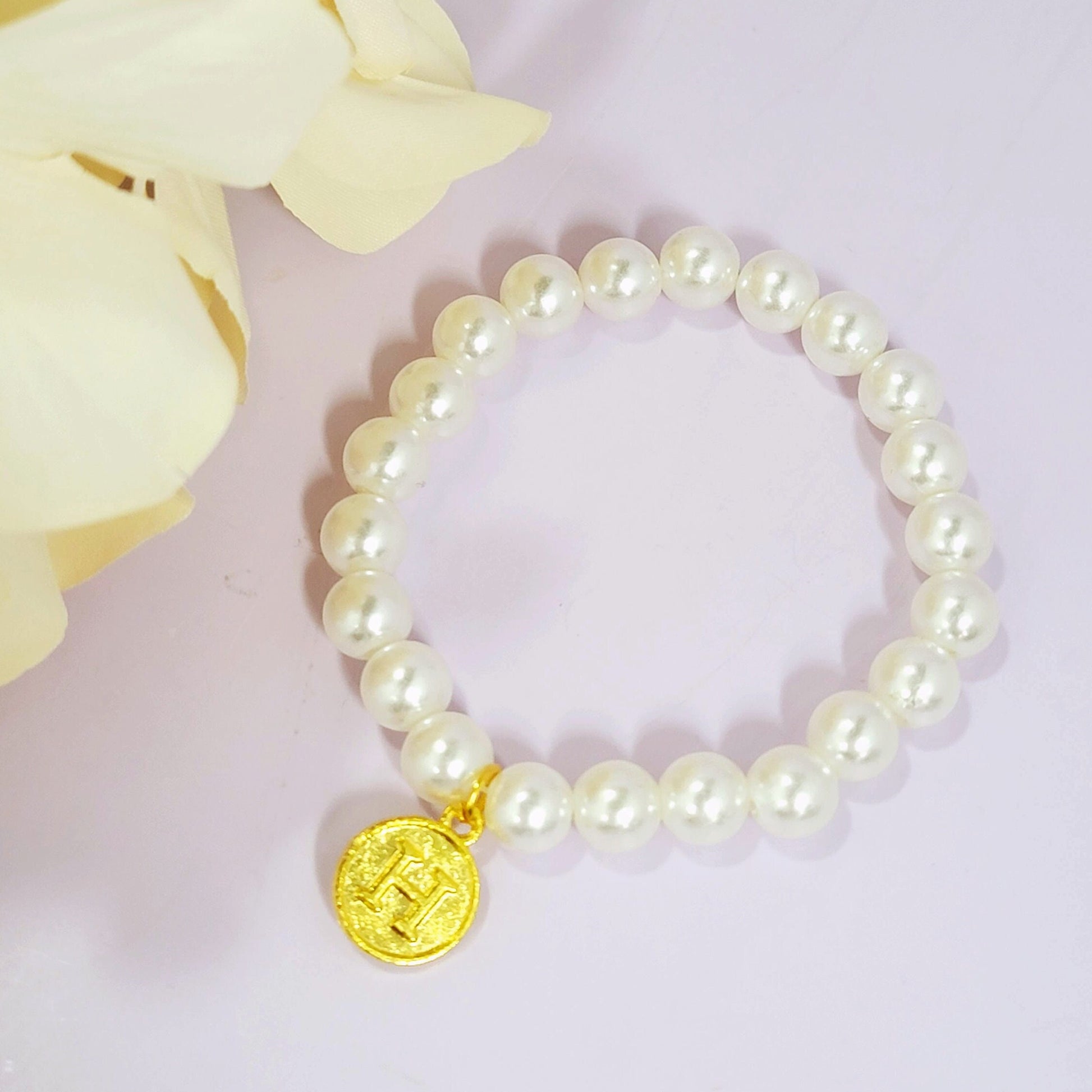 Personalized Flower Girl Pearl Bracelet | Monogram Faux Pearl Bracelet for Flower Girls - FGBR002