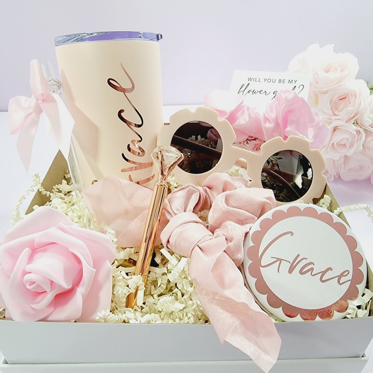 Personalized Flower Girl Proposal Box with Tumbler | Lilac & Lavender Junior Bridesmaid Gift Set - FGGB003