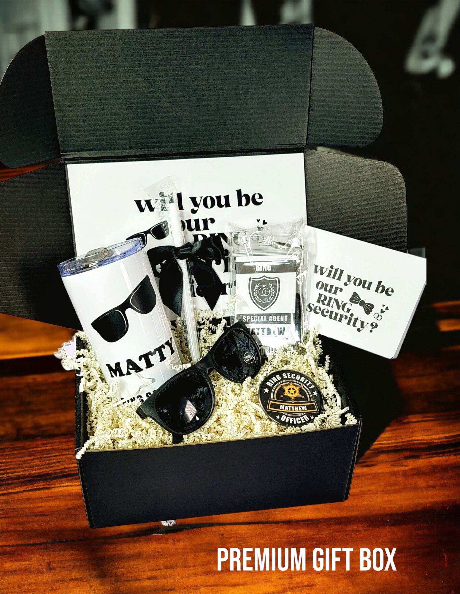 Personalized Ring Security Proposal Gift Box | Ring Bearer Gift Set with Tumbler, Badge & Sunglasses | NIMA Gifts - RBGB02
