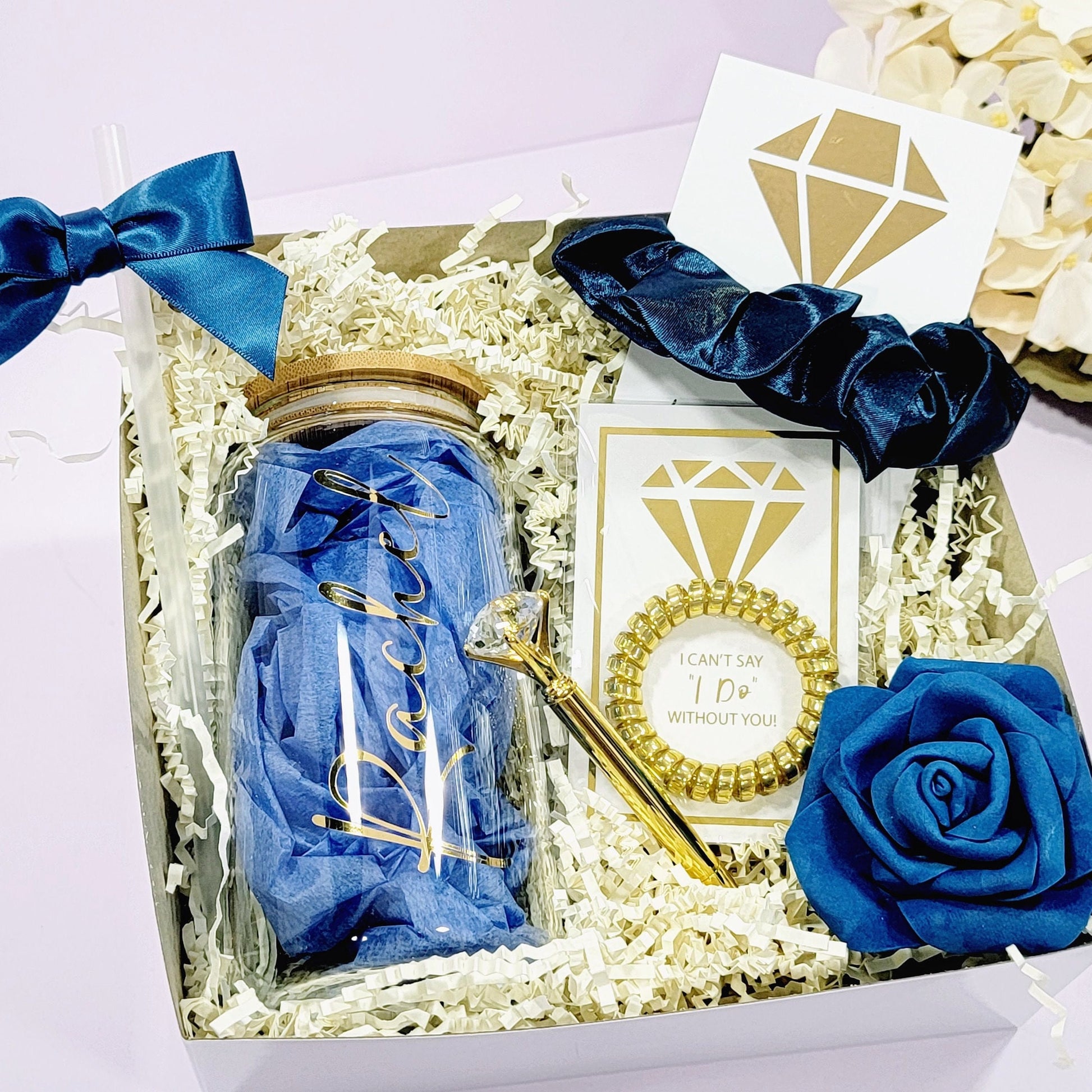 Navy Blue Bridesmaid Proposal Box | Will You Be My Maid of Honor Gift Set with Glass Tumbler | NIMA Gifts - BMPB041C