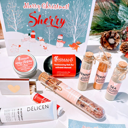 Christmas gift box for women featuring spa set with bath essentials, perfect holiday gift for her, mom, or best friend.