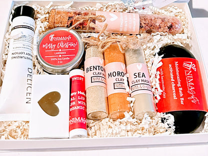 Spa gift set in a Christmas-themed box featuring skincare and relaxation products, perfect for women, friends, or moms.