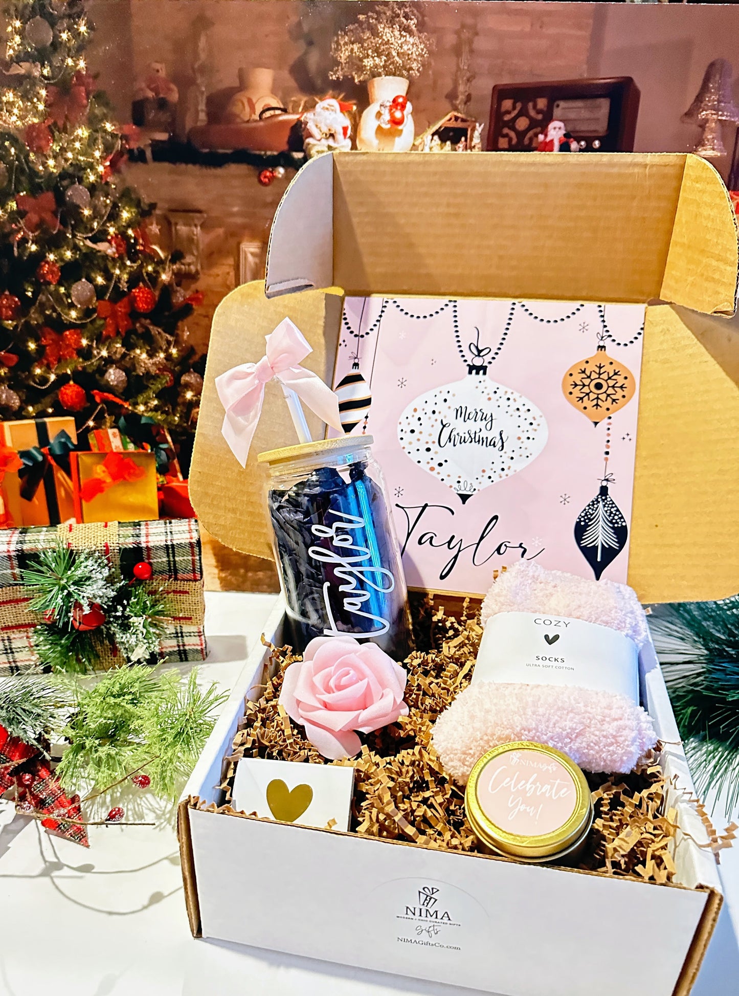 PINK Christmas Gift Box for Women Gift Set with Glass Tumbler, Unique Gifts for Women, Christmas Gifts Glass Coffee Cup CGB038PINKGLS