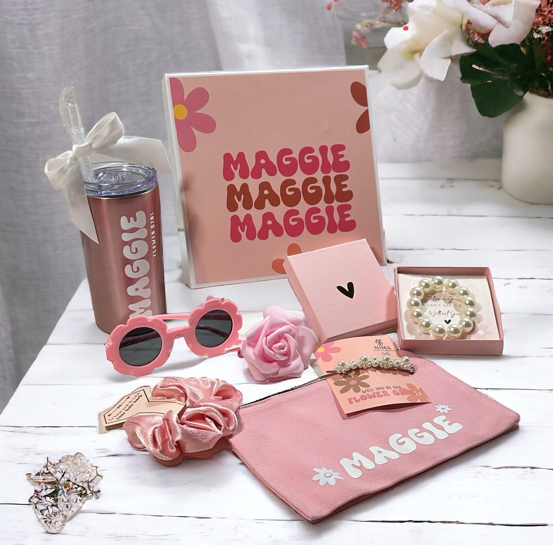 Flower Girl Proposal Box, Retro Flower Girl Gift Set, Flower Girl Sunglasses, Jr Bridesmaid Gift Set, Flower Girl Gift Box-FGGB008