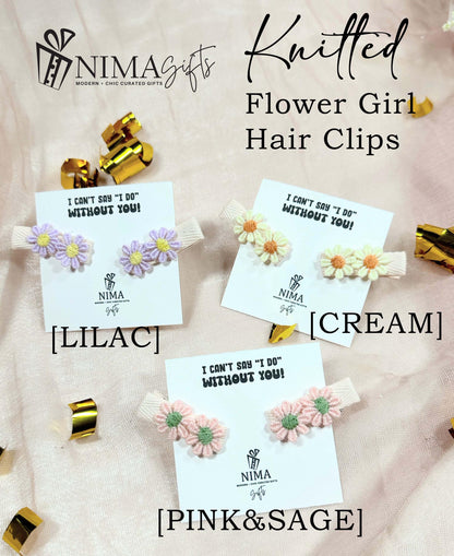 Flower girl knitted hair clips, hair accessories in lilac, cream and  pink colors by NIMA Gifts