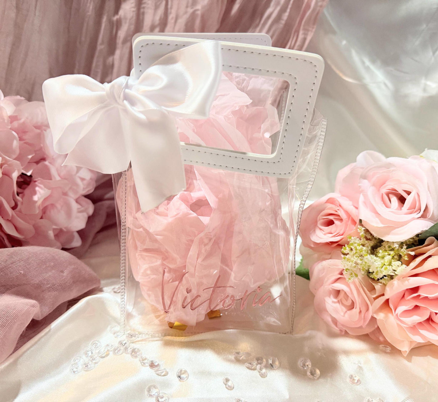 Personalized Clear Tote Bag with Leatherette handles in white and a white bow.