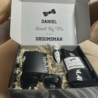 Personalized Groomsman Proposal Box – Flask, Shades, Socks, Shot Glass & More | Best Man Gift Set | Will You Be My Groomsman? - GPGB03