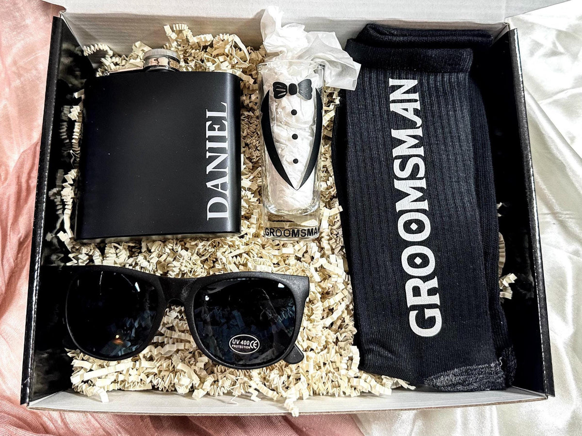 Personalized Groomsman Proposal Box – Flask, Shades, Socks, Shot Glass & More | Best Man Gift Set | Will You Be My Groomsman? - GPGB03