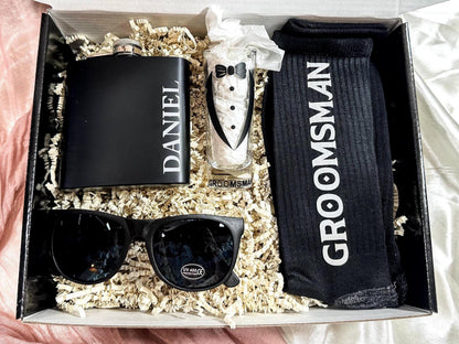 Personalized Groomsman Proposal Box – Flask, Shades, Socks, Shot Glass & More | Best Man Gift Set | Will You Be My Groomsman? - GPGB03