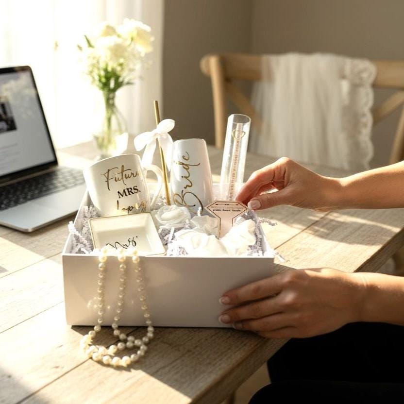 A bride to be is sitting and looking at an open box of the bride engagement gift box that contains a personalized coffee cup with Future Mrs and her last name on it, a white "Bride" 6oz tumbler with a gold straw and white bow, a white ring dish with gold trim and the word "Mrs" on it, a white hair satin hair scrunchie and a white rose. All packaged in a "keepsake" personalized with her first name magnetic gift box. Great gift for an engagement party.
