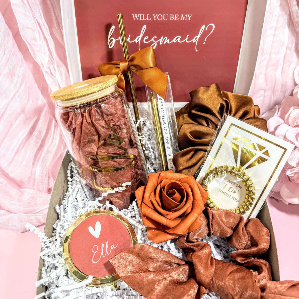 Terracotta Bridesmaid Proposal Box | Fall Wedding Maid of Honor Gift with Glass Tumbler | NIMA Gifts - BMPB041TR1