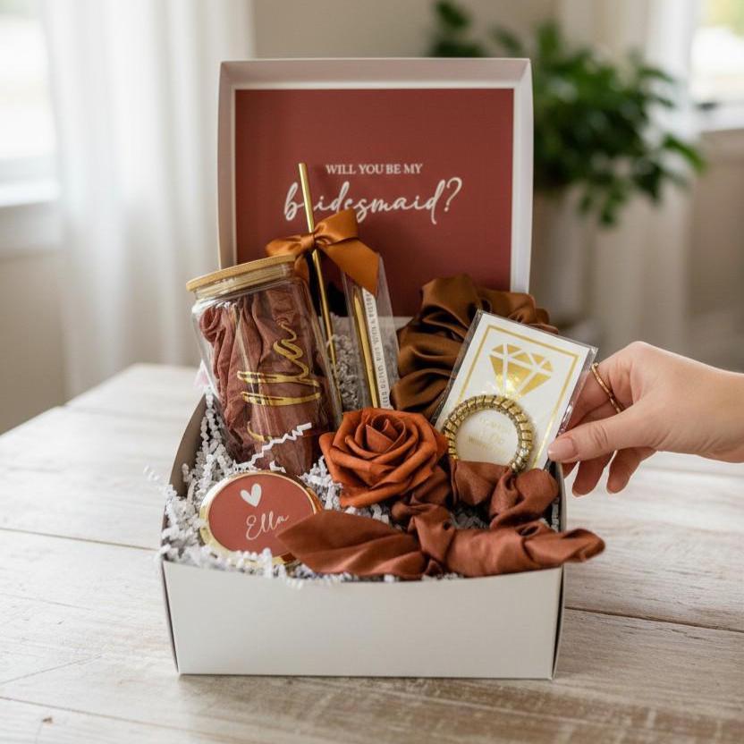 Terracotta Bridesmaid Proposal Box | Fall Wedding Maid of Honor Gift with Glass Tumbler | NIMA Gifts - BMPB041TR1