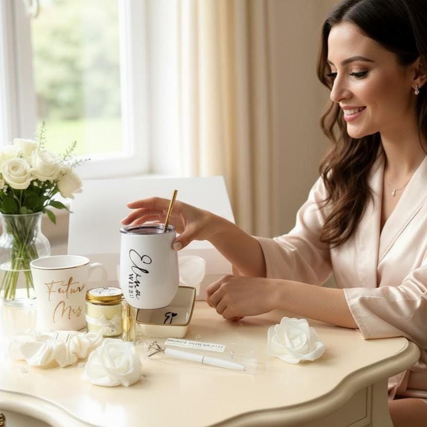 The bride-to-be is sitting at the table and holding up a white engraved wine Tumblr that says Elena and saying that says in my bridal era with a gold straw, smiling at the wine Tumblr, there’s also a mug that says future misses a white foam, rose and a white satin crunchy on the table