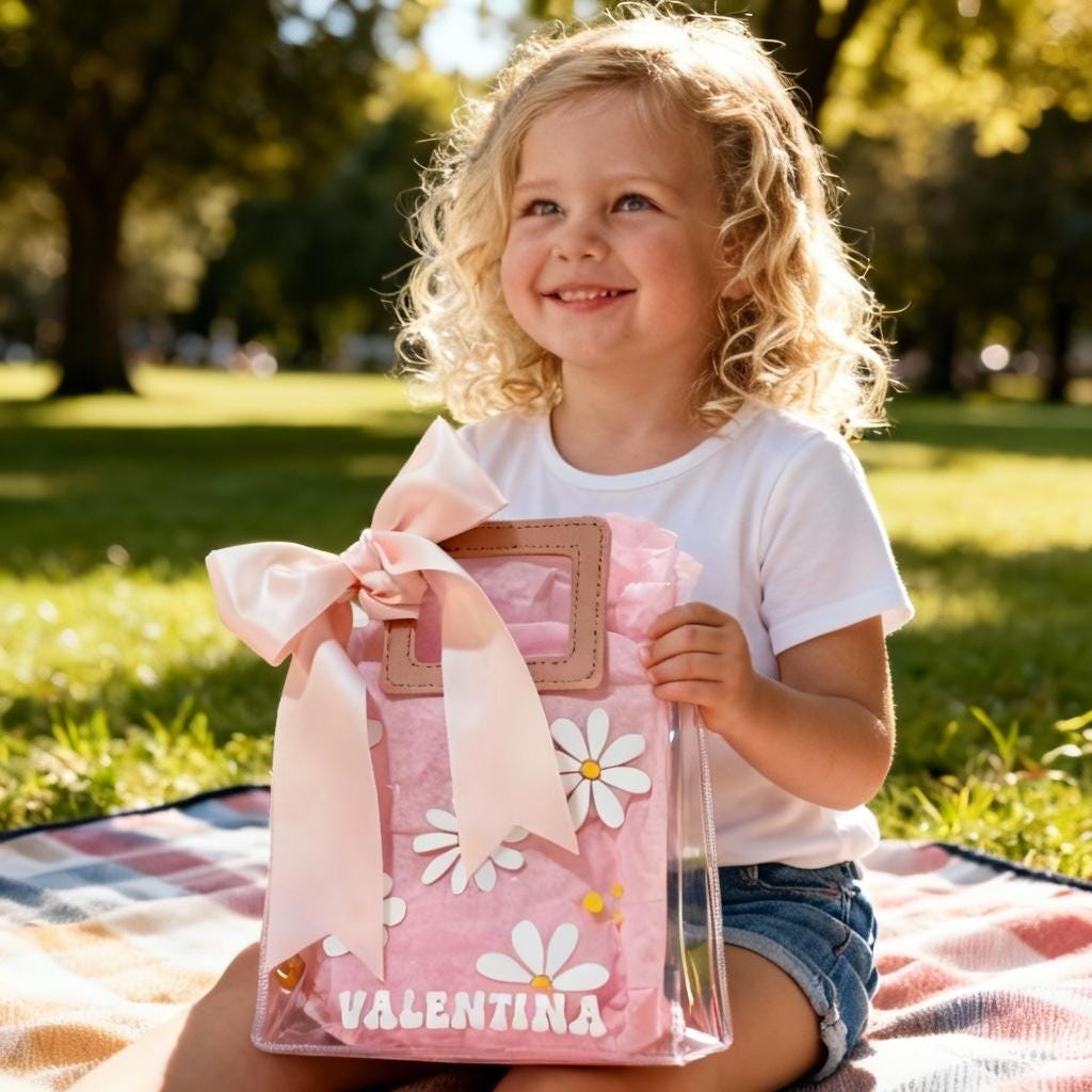 Flower Girl Proposal Gift Bag with PU leather handles, filled with personalized keepsakes like tumbler, scrunchie, sunglasses, and greeting card. A playful alternative to the flower girl proposal box, this personalized flower girl gift makes the perfect junior bridesmaid proposal gift, bridal party wedding gift, or kids wedding gift keepsake.