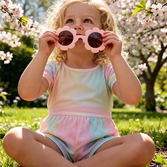 A little girl putting on flower sunglasses in blush. This product is a part of a Flower Girl Proposal Gift Bag with PU leather handles, filled with personalized keepsakes like tumbler, scrunchie, sunglasses, and greeting card. A playful alternative to the flower girl proposal box, this personalized flower girl gift makes the perfect junior bridesmaid proposal gift, bridal party wedding gift, or kids wedding gift keepsake.